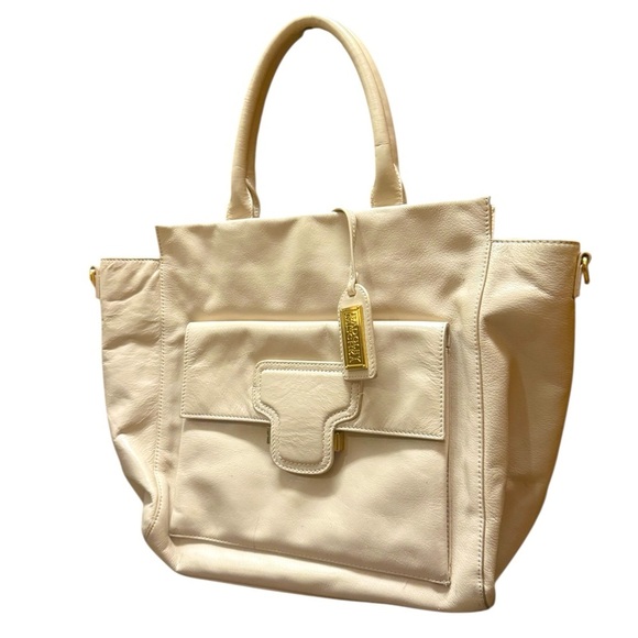 Badgley Mischka EUC large light light pick/Ivory leather Tote Bag - Picture 1 of 15